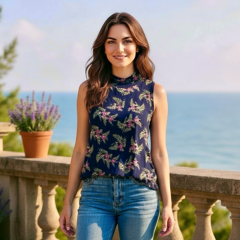 L.Love Navy Floral Sleeveless Neck Tie Blouse